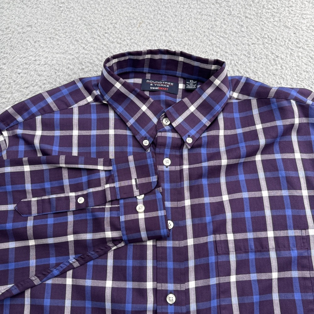 Roundtree & Yorke Dress Shirt Men XL Purple TravelSmart Plaid Long Sleeve